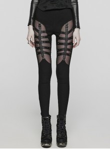 Wild Black Stretch Woven Patchwork Mesh Metal Rivets On The Front Punk Style Cutout Leggings