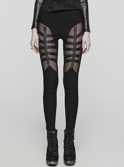 Wild Black Stretch Woven Patchwork Mesh Metal Rivets On The Front Punk Style Cutout Leggings