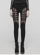 Wild Black Stretch Woven Patchwork Mesh Metal Rivets On The Front Punk Style Cutout Leggings