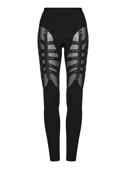 Wild Black Stretch Woven Patchwork Mesh Metal Rivets On The Front Punk Style Cutout Leggings