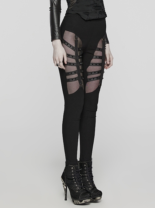 Wild Black Stretch Woven Patchwork Mesh Metal Rivets On The Front Punk Style Cutout Leggings