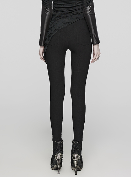 Wild Black Stretch Woven Patchwork Mesh Metal Rivets On The Front Punk Style Cutout Leggings