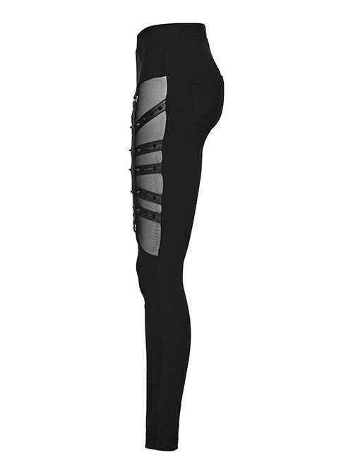 Wild Black Stretch Woven Patchwork Mesh Metal Rivets On The Front Punk Style Cutout Leggings