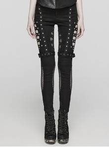 Black Stretch Denim Patchwork Mesh Front Metal Rivet Embellished Punk Style Hollow Leggings