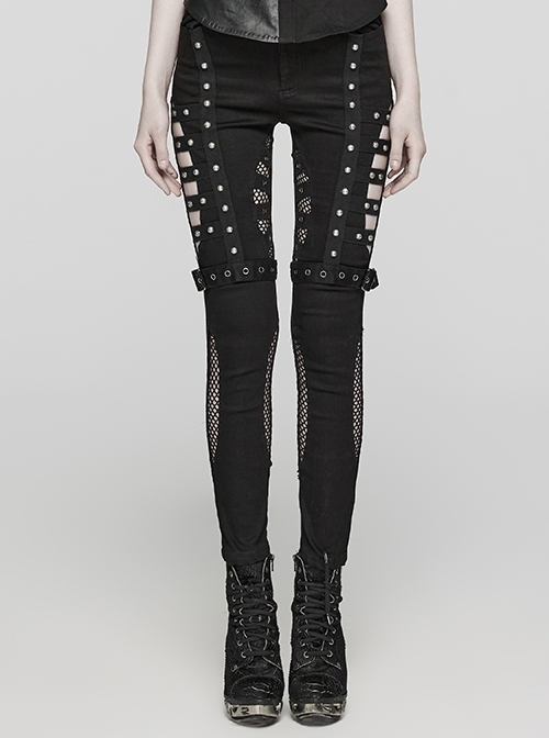 Black Stretch Denim Patchwork Mesh Front Metal Rivet Embellished Punk Style Hollow Leggings