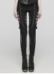 Black Stretch Denim Patchwork Mesh Front Metal Rivet Embellished Punk Style Hollow Leggings
