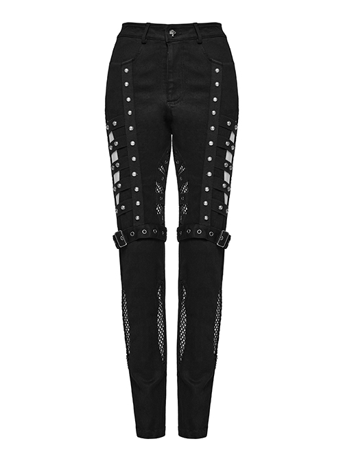 Black Stretch Denim Patchwork Mesh Front Metal Rivet Embellished Punk Style Hollow Leggings
