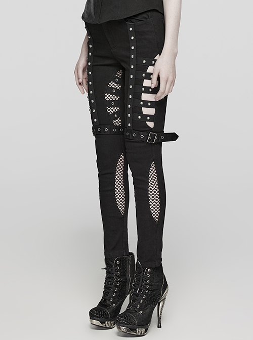 Black Stretch Denim Patchwork Mesh Front Metal Rivet Embellished Punk Style Hollow Leggings