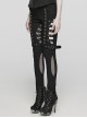 Black Stretch Denim Patchwork Mesh Front Metal Rivet Embellished Punk Style Hollow Leggings