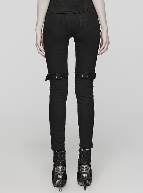 Black Stretch Denim Patchwork Mesh Front Metal Rivet Embellished Punk Style Hollow Leggings