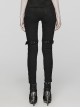 Black Stretch Denim Patchwork Mesh Front Metal Rivet Embellished Punk Style Hollow Leggings