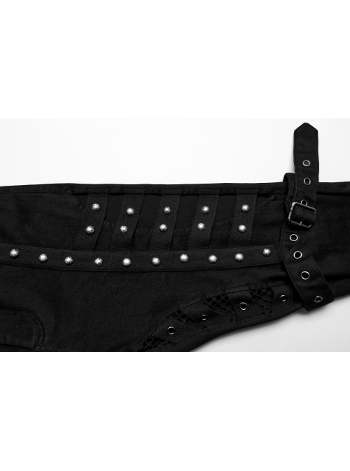 Black Stretch Denim Patchwork Mesh Front Metal Rivet Embellished Punk Style Hollow Leggings