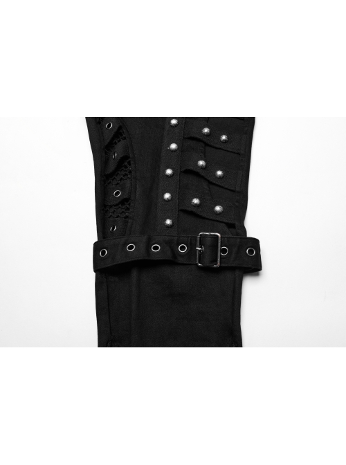 Black Stretch Denim Patchwork Mesh Front Metal Rivet Embellished Punk Style Hollow Leggings
