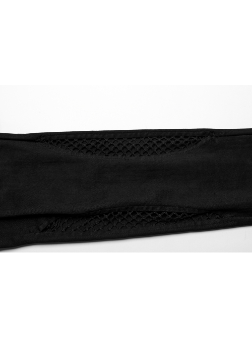 Black Stretch Denim Patchwork Mesh Front Metal Rivet Embellished Punk Style Hollow Leggings