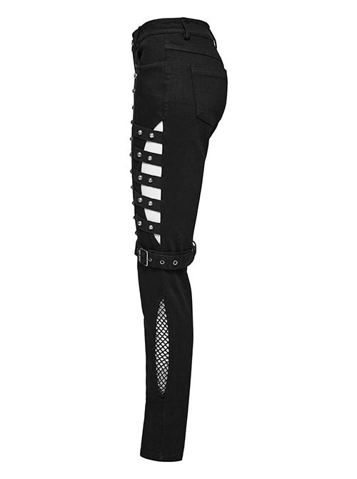 Black Stretch Denim Patchwork Mesh Front Metal Rivet Embellished Punk Style Hollow Leggings
