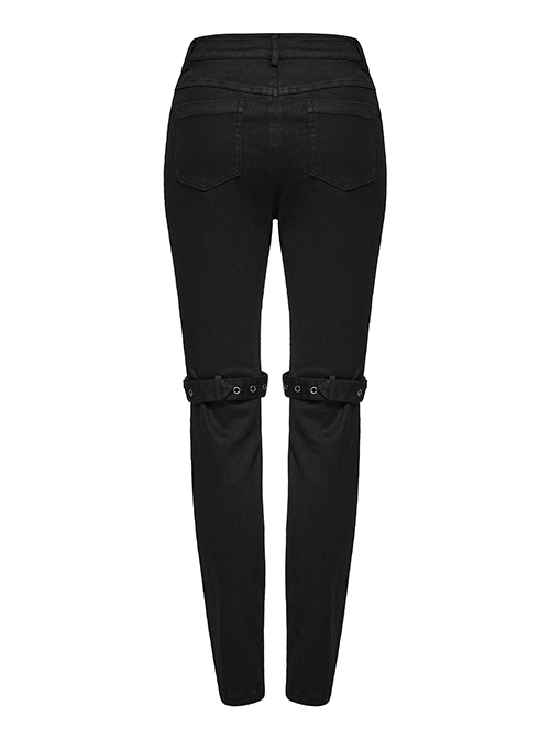 Black Stretch Denim Patchwork Mesh Front Metal Rivet Embellished Punk Style Hollow Leggings