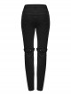 Black Stretch Denim Patchwork Mesh Front Metal Rivet Embellished Punk Style Hollow Leggings