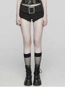 Sexy Black Stretch Denim Wide Brim Japanese Button Punk Style Hot Shorts