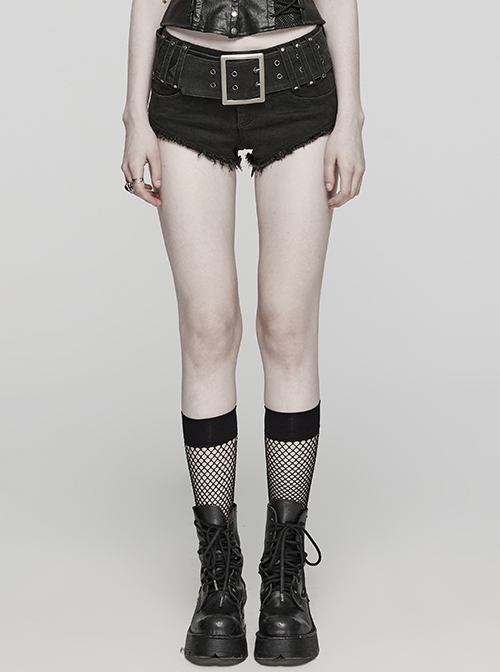 Sexy Black Stretch Denim Wide Brim Japanese Button Punk Style Hot Shorts