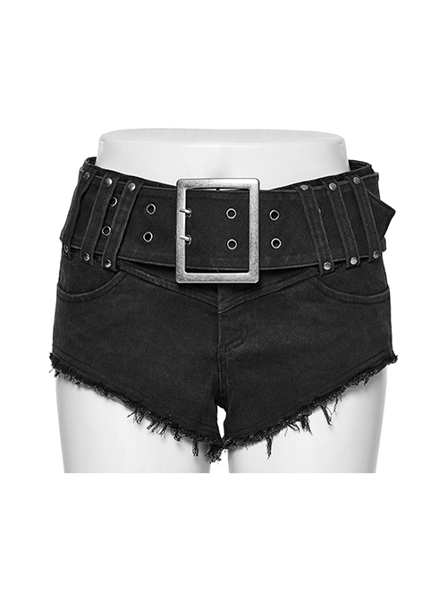 Sexy Black Stretch Denim Wide Brim Japanese Button Punk Style Hot Shorts