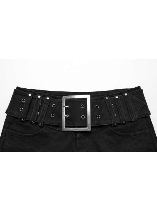 Sexy Black Stretch Denim Wide Brim Japanese Button Punk Style Hot Shorts