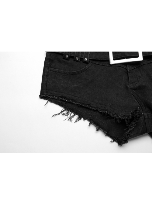 Sexy Black Stretch Denim Wide Brim Japanese Button Punk Style Hot Shorts