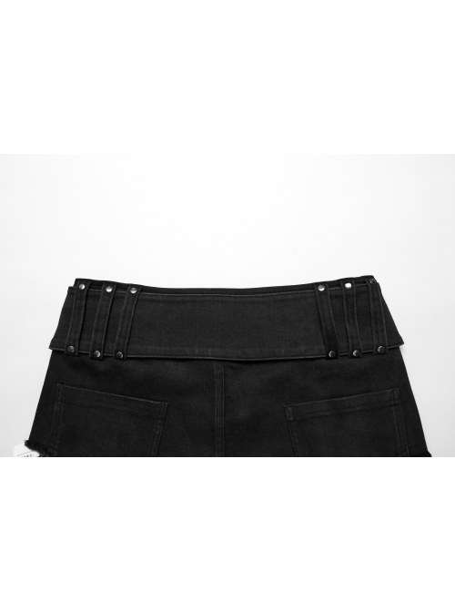 Sexy Black Stretch Denim Wide Brim Japanese Button Punk Style Hot Shorts