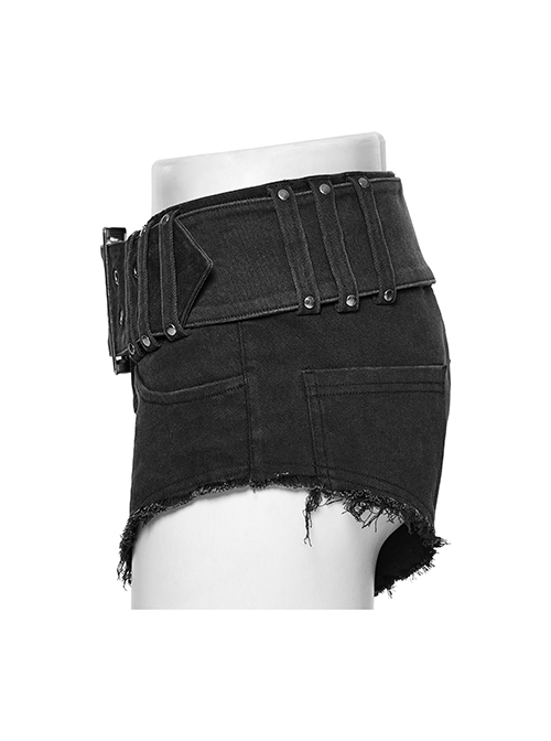 Sexy Black Stretch Denim Wide Brim Japanese Button Punk Style Hot Shorts