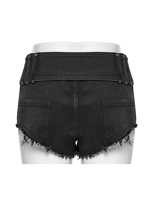 Sexy Black Stretch Denim Wide Brim Japanese Button Punk Style Hot Shorts