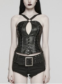 Black Elastic Twill Taped Mesh Front Chest With Asymmetrical Split Straps And Punk Style Sexy Vest
