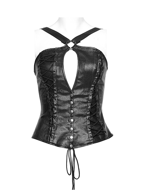 Black Elastic Twill Taped Mesh Front Chest With Asymmetrical Split Straps And Punk Style Sexy Vest