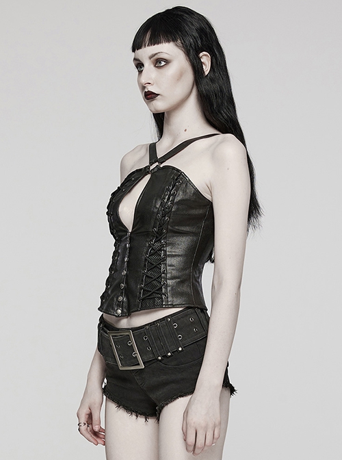 Black Elastic Twill Taped Mesh Front Chest With Asymmetrical Split Straps And Punk Style Sexy Vest