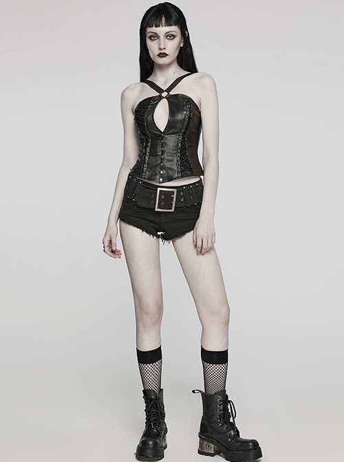 Black Elastic Twill Taped Mesh Front Chest With Asymmetrical Split Straps And Punk Style Sexy Vest