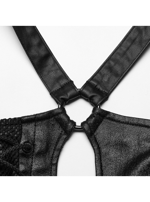 Black Elastic Twill Taped Mesh Front Chest With Asymmetrical Split Straps And Punk Style Sexy Vest