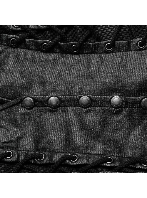 Black Elastic Twill Taped Mesh Front Chest With Asymmetrical Split Straps And Punk Style Sexy Vest