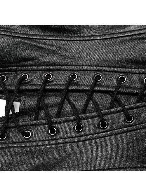Black Elastic Twill Taped Mesh Front Chest With Asymmetrical Split Straps And Punk Style Sexy Vest