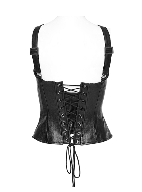 Black Elastic Twill Taped Mesh Front Chest With Asymmetrical Split Straps And Punk Style Sexy Vest