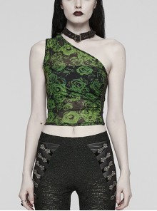 Sexy Asymmetrical Off Shoulder Black And Green Printed Mesh Stitching With Taped Adjustable Collar Punk Style Sleeveless Vest