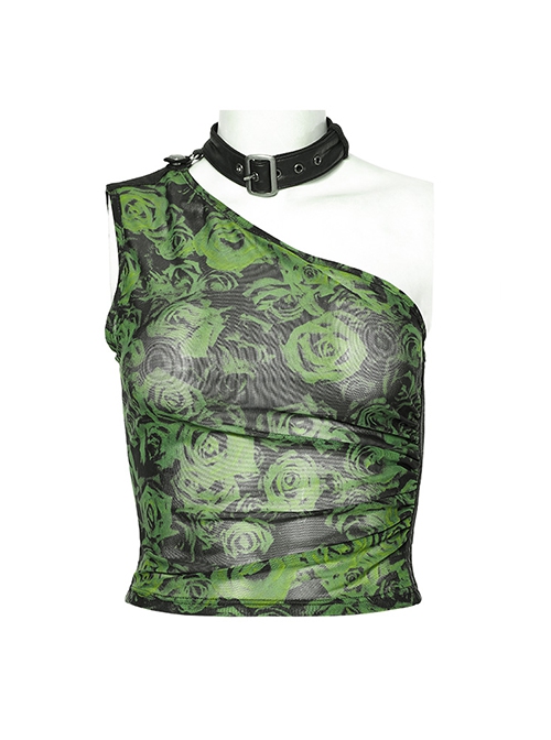 Sexy Asymmetrical Off Shoulder Black And Green Printed Mesh Stitching With Taped Adjustable Collar Punk Style Sleeveless Vest