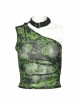 Sexy Asymmetrical Off Shoulder Black And Green Printed Mesh Stitching With Taped Adjustable Collar Punk Style Sleeveless Vest