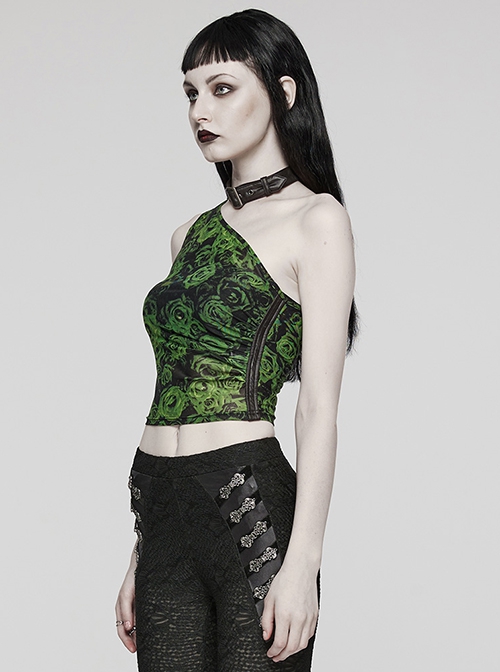 Sexy Asymmetrical Off Shoulder Black And Green Printed Mesh Stitching With Taped Adjustable Collar Punk Style Sleeveless Vest