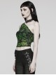 Sexy Asymmetrical Off Shoulder Black And Green Printed Mesh Stitching With Taped Adjustable Collar Punk Style Sleeveless Vest