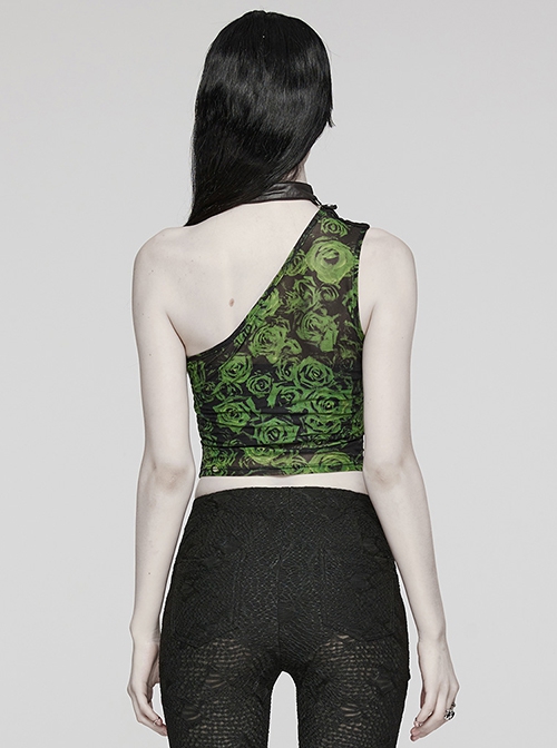 Sexy Asymmetrical Off Shoulder Black And Green Printed Mesh Stitching With Taped Adjustable Collar Punk Style Sleeveless Vest