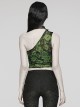 Sexy Asymmetrical Off Shoulder Black And Green Printed Mesh Stitching With Taped Adjustable Collar Punk Style Sleeveless Vest