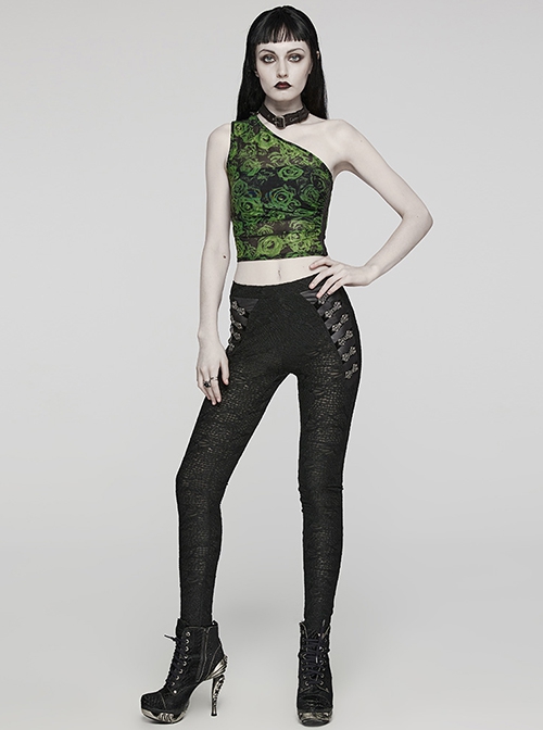 Sexy Asymmetrical Off Shoulder Black And Green Printed Mesh Stitching With Taped Adjustable Collar Punk Style Sleeveless Vest