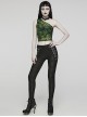 Sexy Asymmetrical Off Shoulder Black And Green Printed Mesh Stitching With Taped Adjustable Collar Punk Style Sleeveless Vest