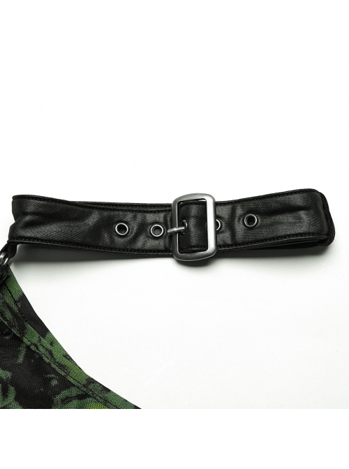 Sexy Asymmetrical Off Shoulder Black And Green Printed Mesh Stitching With Taped Adjustable Collar Punk Style Sleeveless Vest