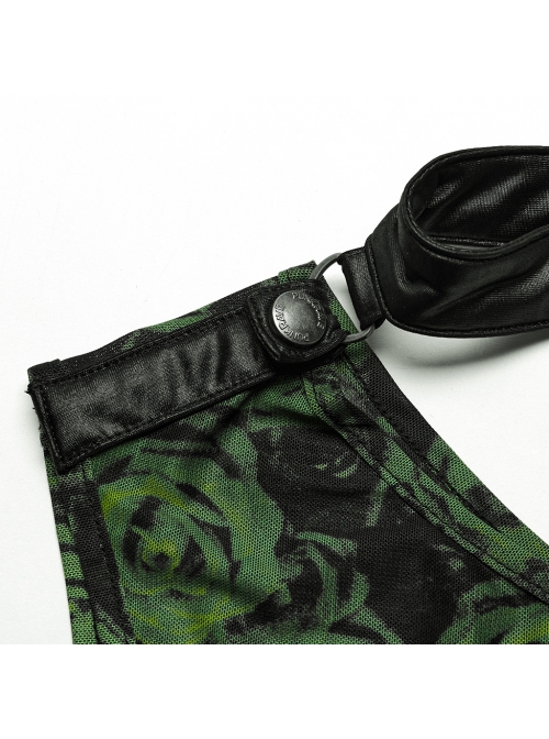 Sexy Asymmetrical Off Shoulder Black And Green Printed Mesh Stitching With Taped Adjustable Collar Punk Style Sleeveless Vest