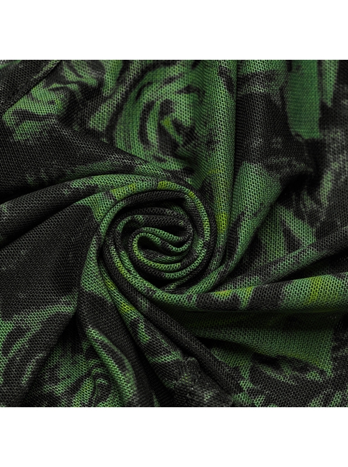 Sexy Asymmetrical Off Shoulder Black And Green Printed Mesh Stitching With Taped Adjustable Collar Punk Style Sleeveless Vest