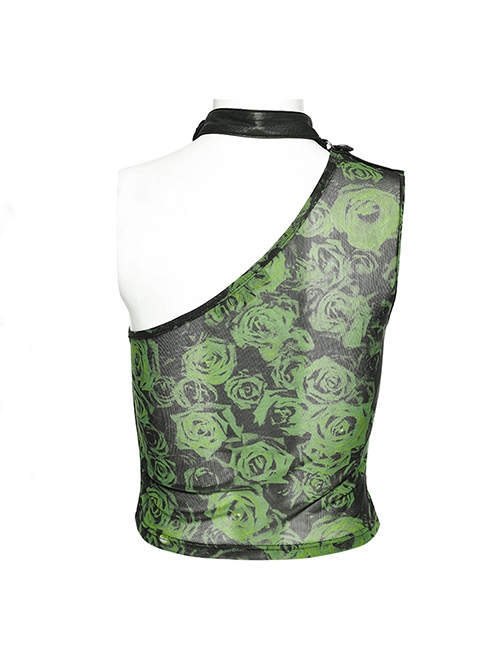 Sexy Asymmetrical Off Shoulder Black And Green Printed Mesh Stitching With Taped Adjustable Collar Punk Style Sleeveless Vest
